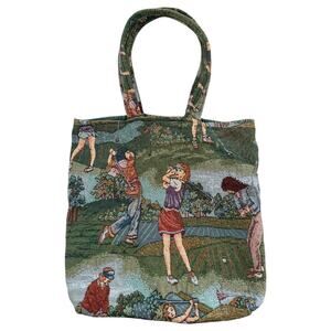 Vintage Lady Golfer Scenic Tapestry Tote Woven Top Handle Bag Green Country Club